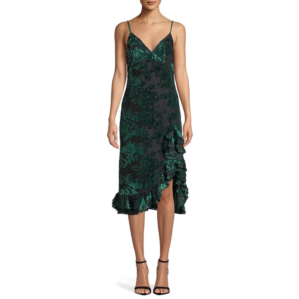 Caroline Constas Elvira Velvet Burnout Ruffle Slip Dress Green Black Size 0 Sexy